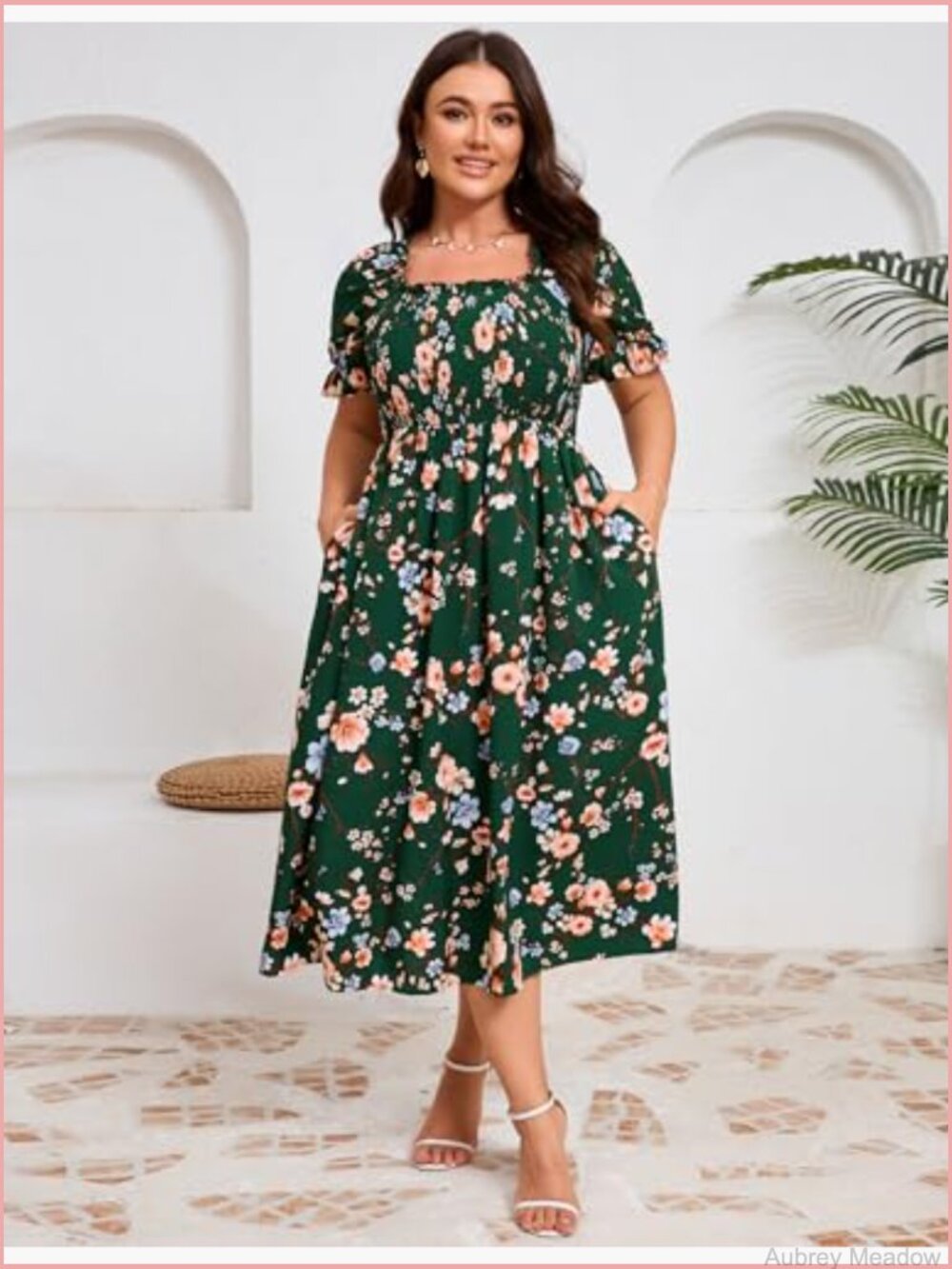 Plus Size Floral Midi Dress Square Neck Puff Sleeve Boho - Picture 4 of 6